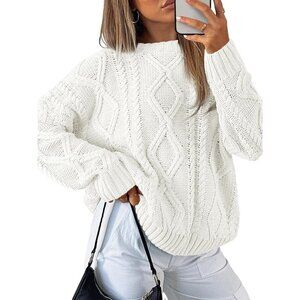 Women's Trendy White Queen Sweaters Shirt Style Winter Cozy Cable Knit Crewneck